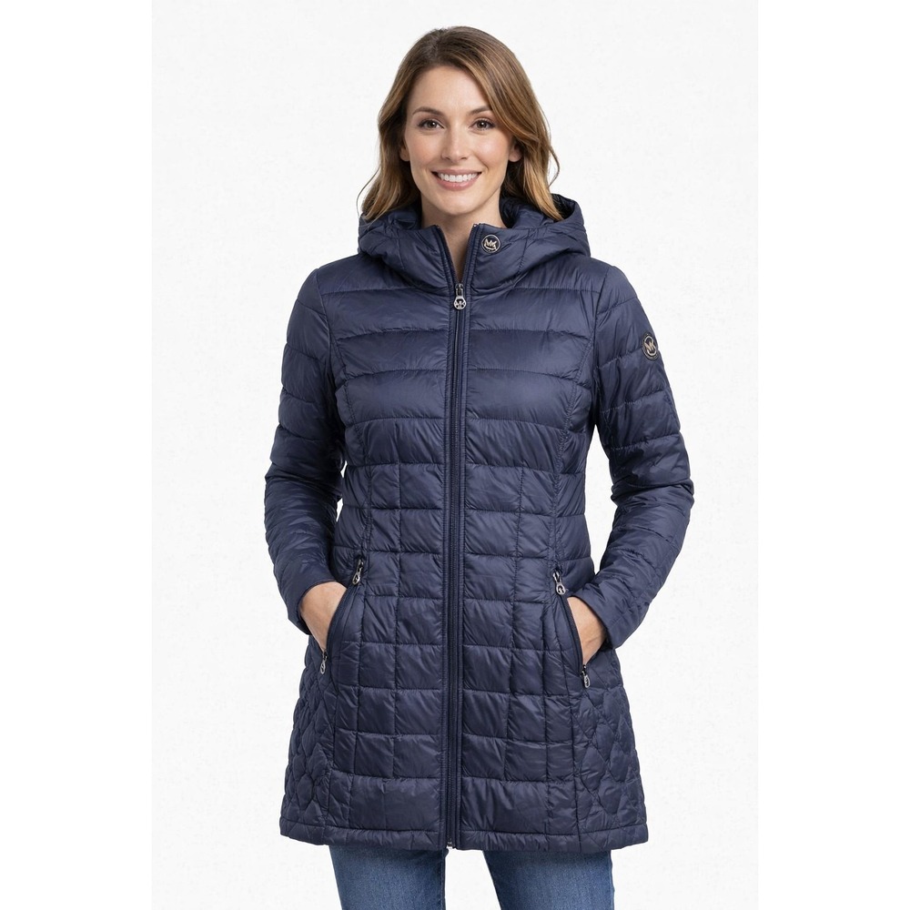 Michael Kors MK Packable Down Hooded Jacket Womens PS Gray Gold Puffer Coat